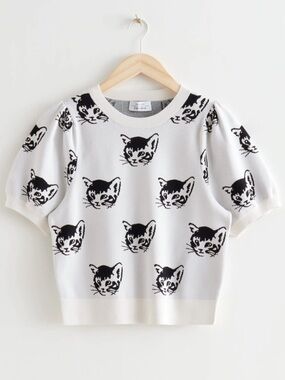 & Other Stories Playful Jacquard Knit Top Cat Motif